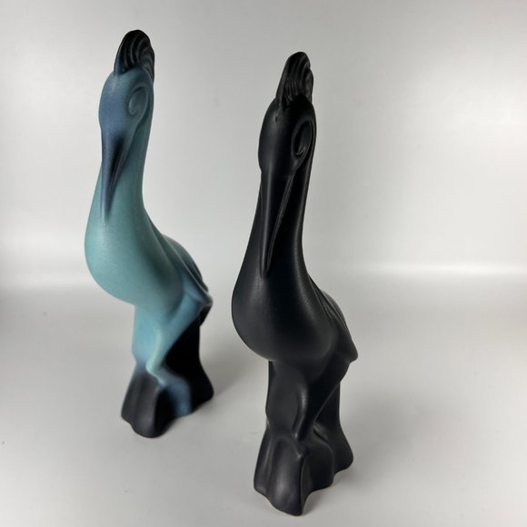 Vintage Crane Bird Figurine Sculpture Bell of California Blue Black MCM Lot of 2 - Picture 2 of 12